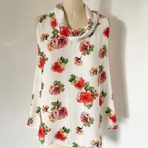 Skies Are Blue Rose Print Sleeveless Open Back Blouse
